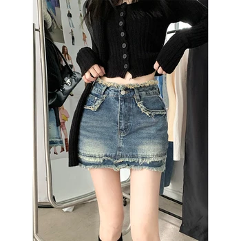 Y2K Mini Saia Jeans para Mulheres 2022 Fashion Estilo coreano Preto e Curto Uma linha de Hip Vestido de Festa de Rua
