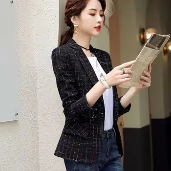 Botão De Xadrez Bolsos Entalhado Senhora Do Escritório Blazers, Jaquetas Coreano Moda Outono Elegante Casual Mulher Paletó