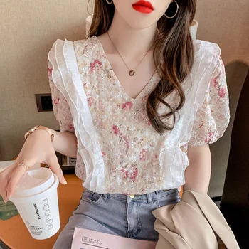 V Neck Chiffon Lace Floral coreano Moda Verão feminina de Roupas Vintage Camisas, Blusas Top Novo Vetement Femme 2021 Feminino