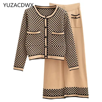 YUZACDWX Outono Moda Xadrez Camisola de Malha Cardigan+Cintura Perna Larga Calças Conjunto de Duas peças de Roupas Vintage Elegante Treino
