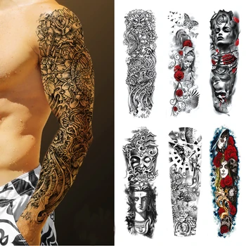 52 Projetos Impermeável Tatuagem Temporária Adesivos Braço Completo Crânio Grande, Antiga Escola de Tatoo Adesivos Flash Falsas Tatuagens para Homens Mulheres