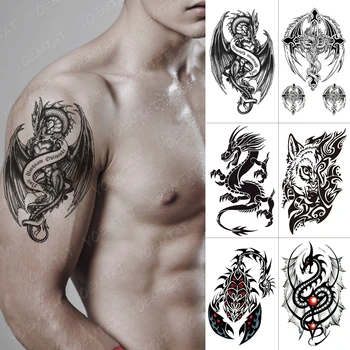Impermeável Da Etiqueta Temporária Tatuagem De Asa De Dragão Totem Flash Tatto Escorpião Lobo Maori Arte No Corpo, Braço De Transferência De Água Falsa Tatoo Homens