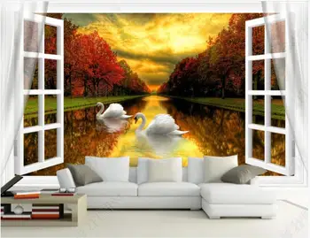 Personalizado com foto de papel de parede para parede 3 d murais Moderno janela swan paisagem na floresta lago 3D de fundo, papéis de parede decoração da casa