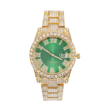 Hip Hop Luxo RRoman Numerais Diamante de Moda masculina de Rosto Verde Grande Mostrador do Relógio de Quartzo