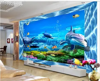 personalizado mural de fotos em 3d papel de parede espaço de underwater world dolphin decoração sala de estar interessantes papéis de parede em parede