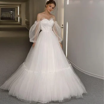 Elegante Vestido De Noiva Branco 2021 Off Ombro Mangas Compridas Lace-Up De Uma Linha De Apliques Sem Encosto Vestidos De Noiva Vestido De Noiva