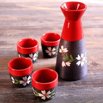 Estilo Japonês Pintado À Mão, A Caneta Sakura Hip Flask Garrafa De Licor De Frascos De Álcool Personalizados, Frascos Caixa Vermelha 5 Peças