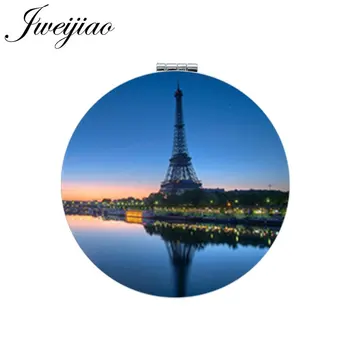 Youhaken Torre Eiffel, Espelho para Maquiagem Dobrável Mini 1X/2X Lupa Portátil Belas Paisagens de Arte Rodada Foto Compacto Espelhos