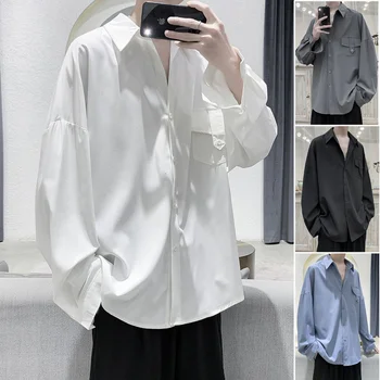 2021 de Moda masculina de Cor Sólida Camisas Manga Longa Solto Pocket Decoração de Lapela Camisas com Gola de Streetwear Camisa Masculina M-2XL