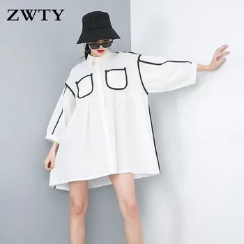 ZWTY Verão as Mulheres-Branco Novo Padrão bolsos duplos camisa branca Personalidade solta tamanho grande casual blusa de Lapela Manga Longa shir