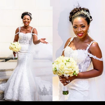 Laço Branco Fora Do Ombro Sereia Vestidos De Noiva Sul-Africano Spaghetto Alças De Vestidos De Noiva Personalizados Feitos De Casamento Vestidos