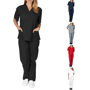 Mulheres Homens Vestuário de trabalho, de Manga Curta com decote em V Tops+Calça de Enfermagem Uniforme de Trabalho Terno Esfoliação Uniforme Macacão Roupas