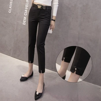 Estilo coreano Verão as Mulheres Terno de Calça Skinny, o Slim Cintura Alta Calça Preta com Fenda Elegante coreano Senhoras de Calças Casuais E38