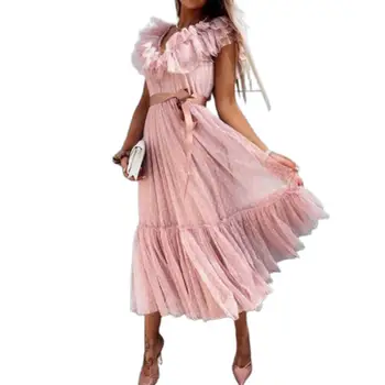 Vestido Formal Mulheres Elegantes 2021 de Pescoço de V Plissado de Manga Curta Cinto de Grande Bainha de Vestido de Festa Midi para o Banquete de Verão, vestidos