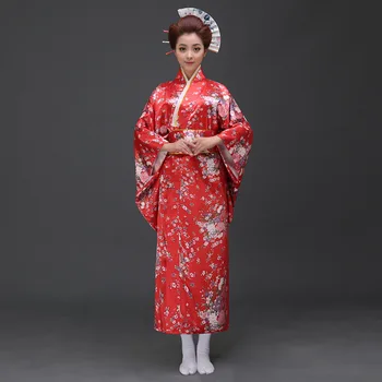 Vermelho Vintage Japonês Womens Quimono Banheira Vestido De Senhoras Artificiais De Seda Yukata Com Obi Dança Vestido De Roupas De Cosplay