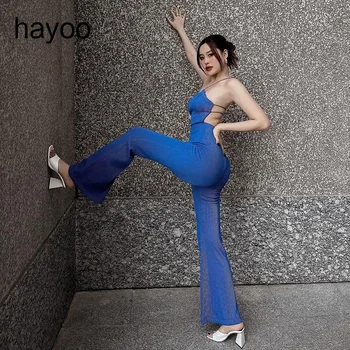 Verão legal de ombro único sem encosto menina quente macacão moda feminina sexy cintura alta azul de perna larga calças macacão
