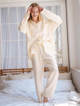 Tulin Moda 100%Algodão Bolso Pijamas Roomware 2 Peças Conjunto Para As Mulheres De Dormir Queda De Manga Terninhos Casual Homewear