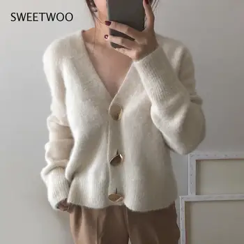 2022 Outono, Moda de Inverno Mulheres em Vison com estampa de Cashmere Cardigan Suéter Feminino de Malha com decote em V de Cabelos compridos e de Vison Suéter de Cashmere Novo