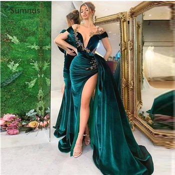 Sumnus 2022 Elegante Sereia Verde De Veludo Da Noite Vestidos De Baile, Vestidos De Alta-De-Fenda, Apliques De Vestidos De Gala Fora Do Ombro