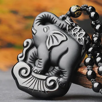 Obsidiana Elefante Pingente Preto Presentes Colar Charme Natural Jóias De Jade Moda Chinesa Mulheres Amuleto De Contas