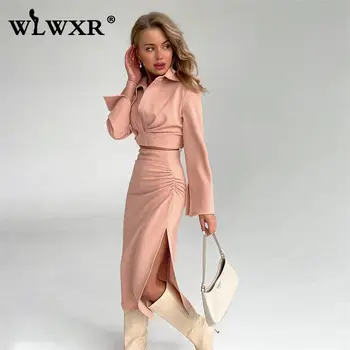 WLWXR Outono Streetwear cor-de-Rosa Casual 2 Duas peças de Conjuntos de Vestido das Mulheres de Roupas 2021 Tops de Manga Longa E Lateral da Fenda Longa Conjuntos de saia